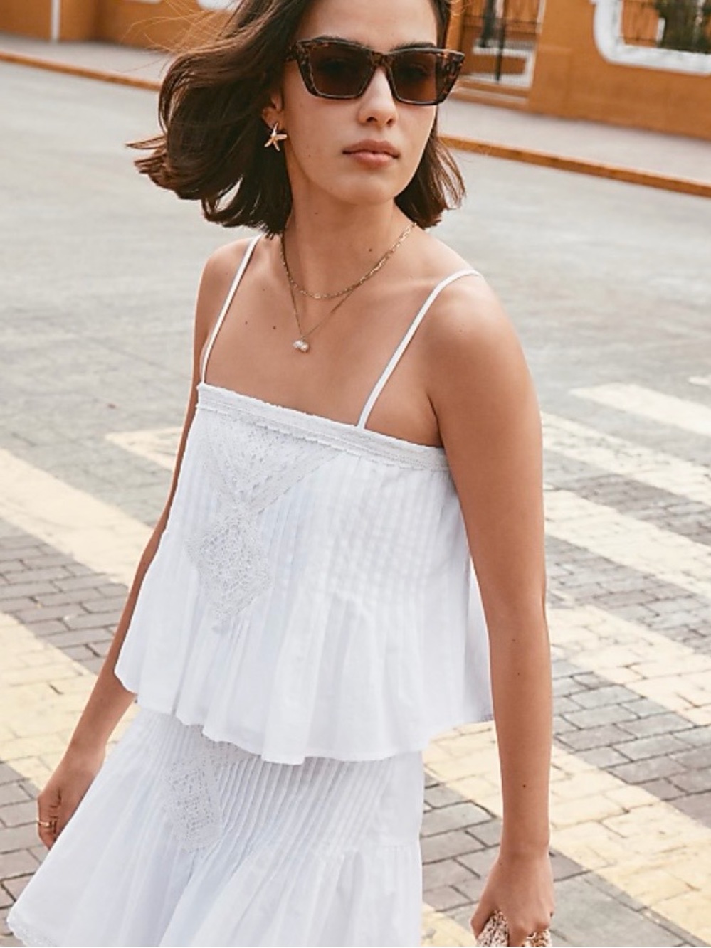 White Lace-Trim Spaghetti Lace Pintucked Cami LOFT